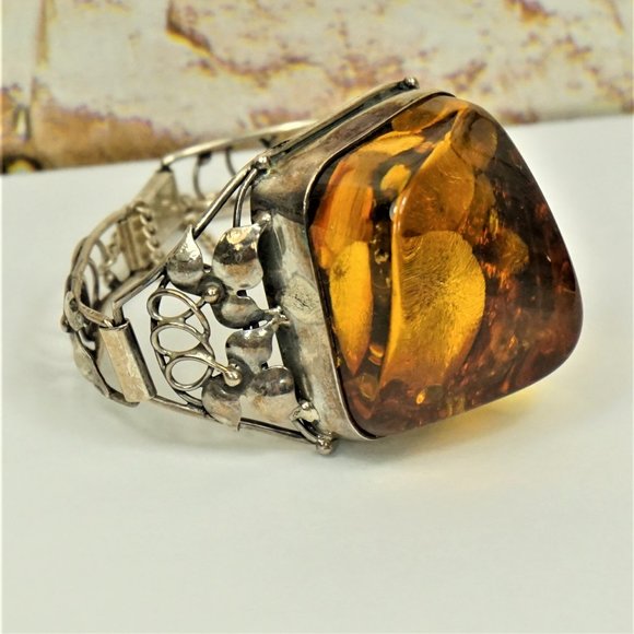 SUPER HUGE AMBER STERLING SILVER RARE BRACELET 6.5